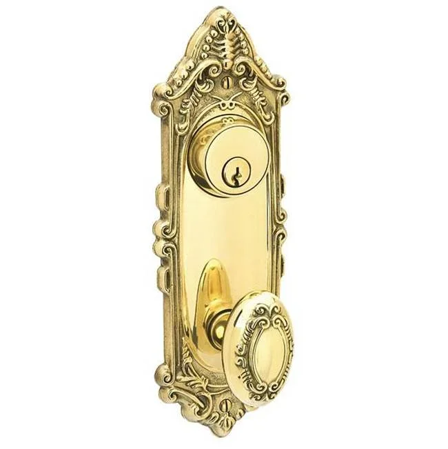 Emtek Passage Double Keyed, Sideplate Locksets Victoria 3-5/8” Center to Center Keyed, Lancaster Knob, US7