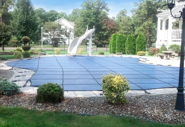 GLI 20-2040RE-CES48-SAP-BLU GLI 12-Year Secur-A-Pool Mesh Safety Cover | Rectangle 20′ x 40′ Blue | 4′ x 8′ Center End Step