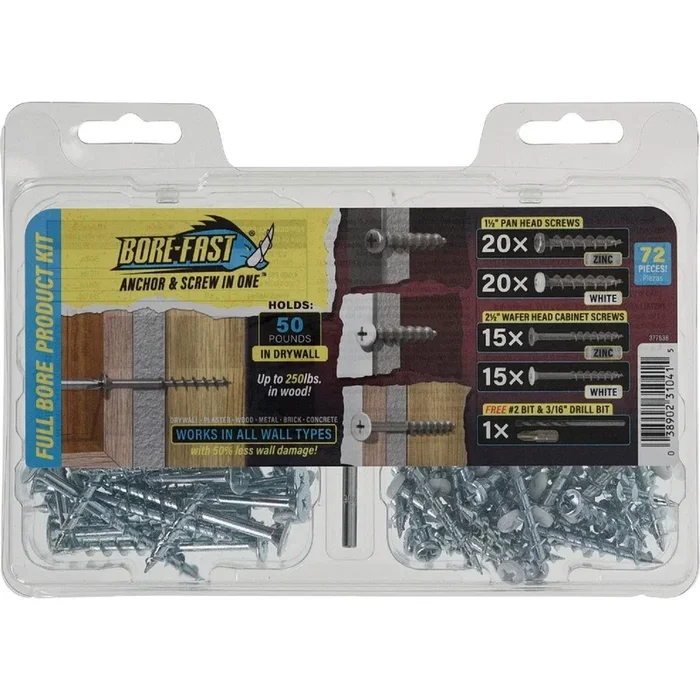 HILLMAN 377638 Bore-Fast Pan & Wafer Head Anchor & Screw in One Kit (72-Piece)