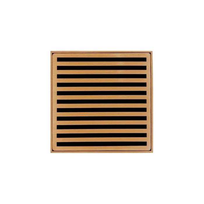 Infinity Drain 4” x 4” NDB 4 Complete Kit with Lines Pattern Decorative Plate in Polished Brass with ABS Bonded Flange Drain Body, 2”, 3” and 4” Outlet