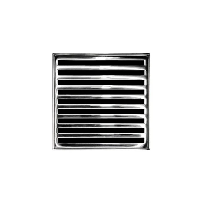 Infinity Drain 5” x 5” NDB 5 Complete Kit with Lines Pattern Decorative Plate in Polished Stainless with PVC Bonded Flange Drain Body, 2”, 3” and 4” Outlet