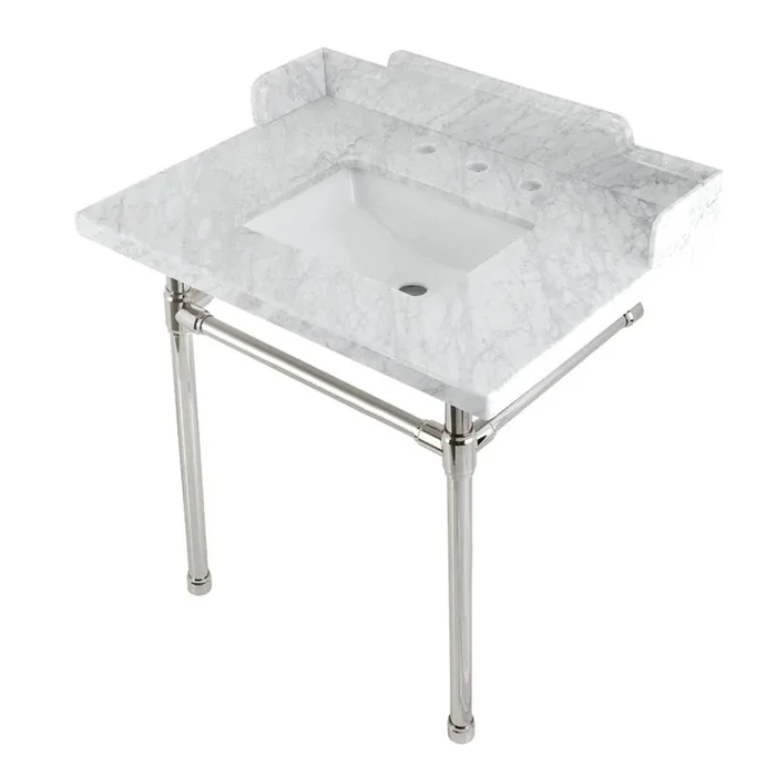Kingston Brass Kingston Brass LMS30M8SQ6ST Wesselman 30” Carrara Marble Console Sink with Stainless Steel Legs, Marble White/Polished Nickel