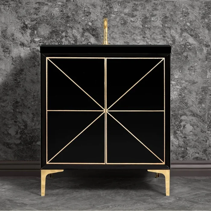 Linkasink Divergence 30” Wide Black Vanity with Hand Applied Metal Leaf and Polished Brass Hardware, 30” x 22” x 33.5” (without vanity top)
