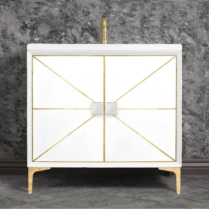 Linkasink DIVERGENCE with Artisan Glass Hardware 36” Wide Vanity, White, Polished Brass Hardware, 36” x 22” x 33.5” (without vanity top)