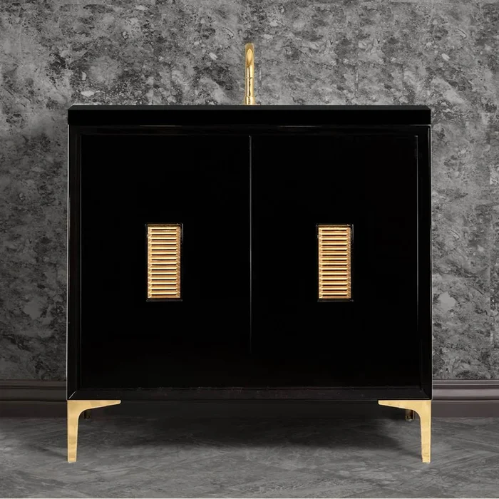 Linkasink Frame 36” Wide Black Vanity with Polished Brass Louver Grate and Legs, 36” x 22” x 33.5” (without vanity top)