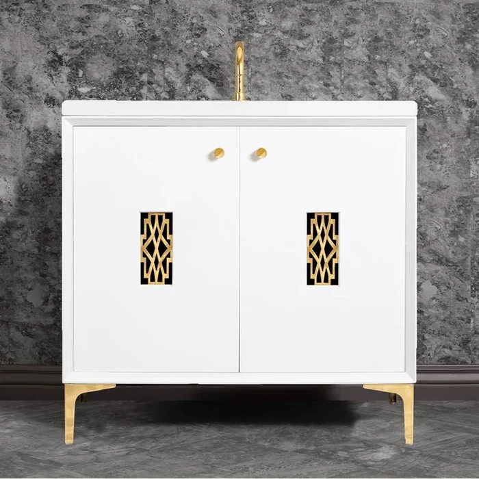 Linkasink Frame 36” Wide White Vanity with Polished Brass Deco Grate and Legs