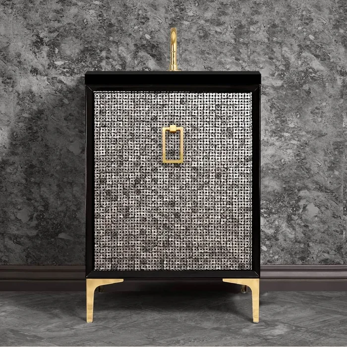 Linkasink Mother of Pearl 24” Wide Black Vanity with Polished Brass Coach Pull and Hardware, 24” x 22” x 33.5” (without vanity top)