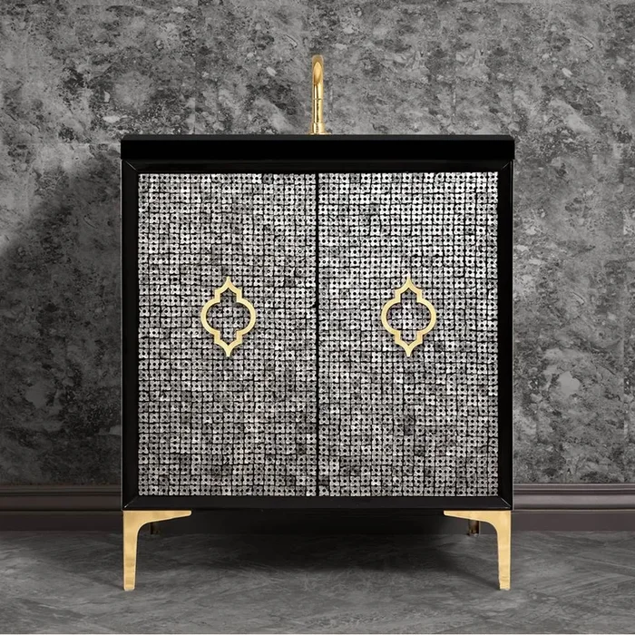 Linkasink Mother of Pearl 30” Wide Black Vanity with Polished Brass Arabesque Pull and Hardware, 30” x 22” x 33.5” (without vanity top)