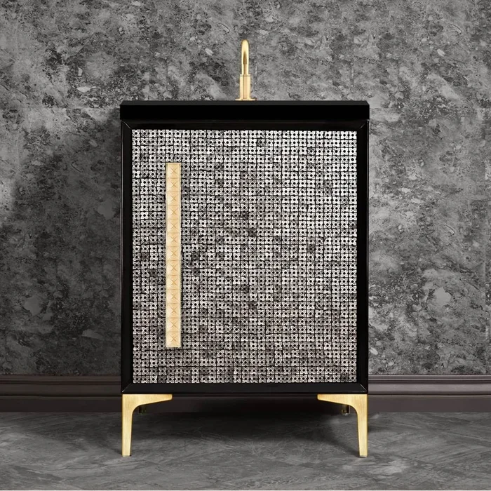 Linkasink MOTHER OF PEARL with 18” Artisan Glass Pyramid Hardware 24” Wide Vanity, Black, Satin Brass Hardware, 24” x 22” x 33.5” (without vanity top)