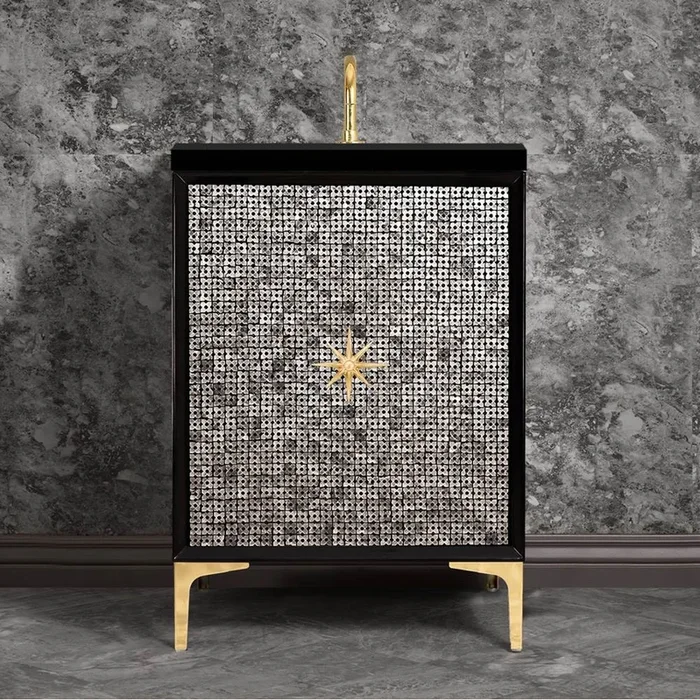 Linkasink Mother of Pearl with 3” Polished Brass Star Hardware, 36” Wide Vanity, Black, 36” x 22” x 33.5” (without vanity top)