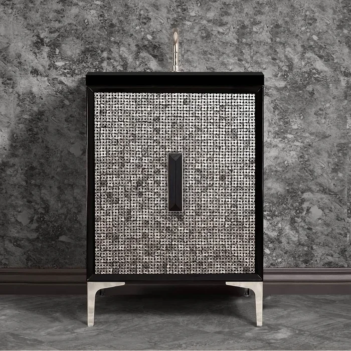 Linkasink MOTHER OF PEARL with 8” Artisan Glass Prism Hardware 24” Wide Vanity, Black, Polished Nickel Hardware, 24” x 22” x 33.5” (without vanity top)