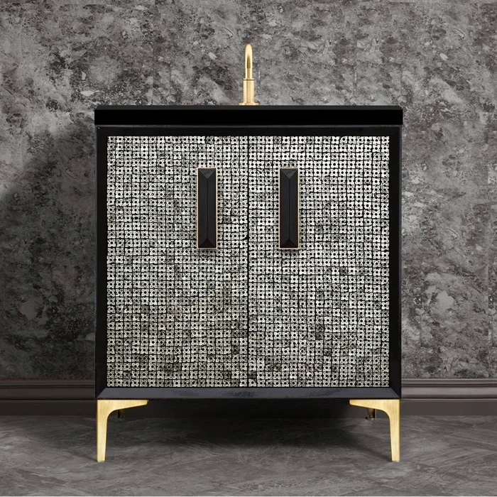 Linkasink MOTHER OF PEARL with 8” Artisan Glass Prism Hardware 30” Wide Vanity, Black, Satin Brass Hardware, 30” x 22” x 33.5” (without vanity top)