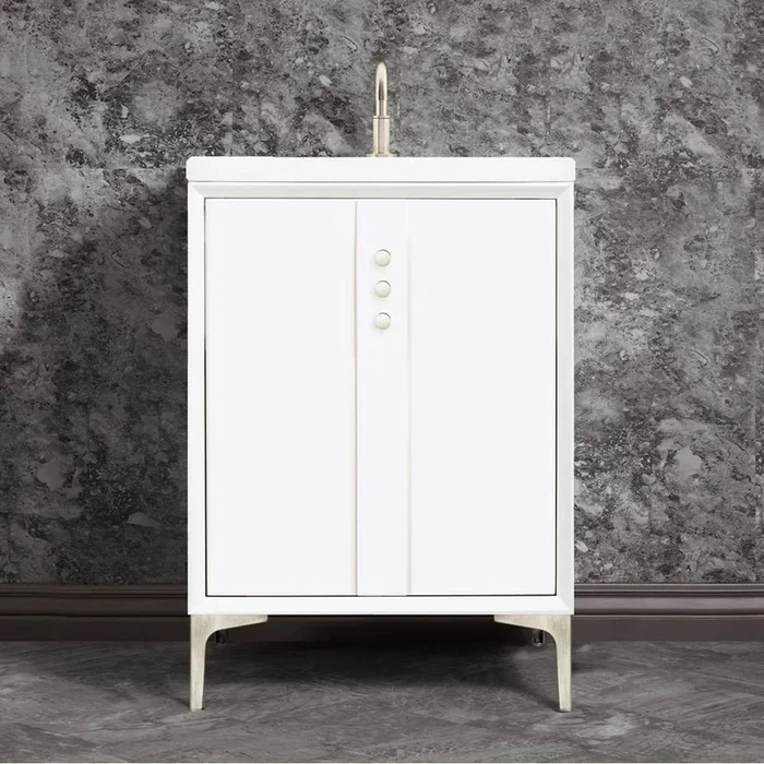 Linkasink Tuxedo 24” Wide White Vanity with Satin Nickel Buttons and Hardware, 24” x 22” x 33.5” (without vanity top)