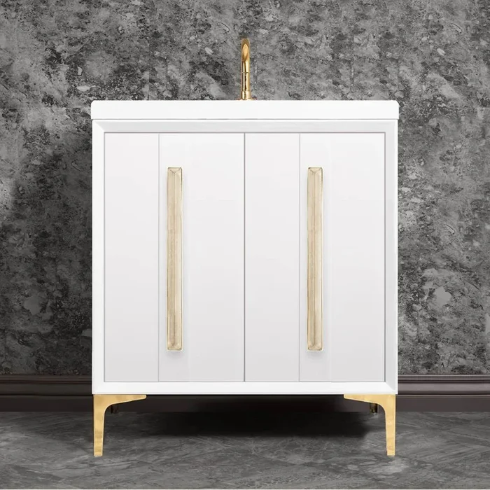 Linkasink TUXEDO with 18” Artisan Glass Prism Hardware 30” Wide Vanity, White, Polished Brass Hardware, 30” x 22” x 33.5” (without vanity top)