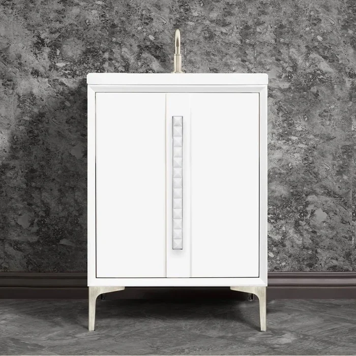 Linkasink TUXEDO with 18” Artisan Glass Pyramid Hardware 24” Wide Vanity, White, Satin Nickel Hardware, 24” x 22” x 33.5” (without vanity top)