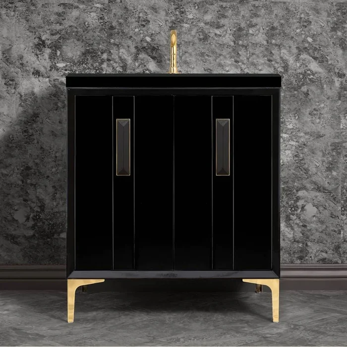 Linkasink TUXEDO with 8” Artisan Glass Prism Hardware 30” Wide Vanity, Black, Polished Brass Hardware, 30” x 22” x 33.5” (without vanity top)