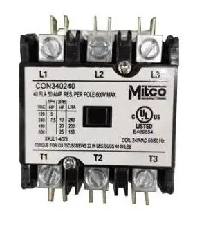 Mitco CON12524 Contactor 1-Pole 25 Amp 24 VAC Coil Includes Lugs Spade Terminals
