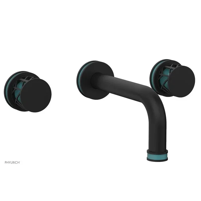 Phylrich Matte Black Jolie Two Handle Wall Tub Set With Tubular Spout, Round Cutaway Handles, And Turquoise Accents