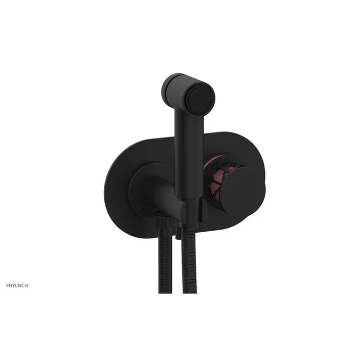 Phylrich Matte Black Jolie Wall Mounted Bidet Set With Oval Trim, Round Cutaway Handle, And Pink Accents