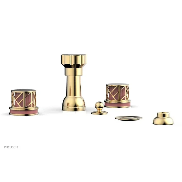 Phylrich Satin Brass Jolie Four Hole Bidet Set With Spout, Round Cutaway Handles, And Pink Accents