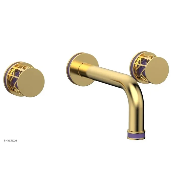 Phylrich Satin Gold Jolie Two Handle Wall Tub Set With Tubular Spout, Round Cutaway Handles, And Purple Accents