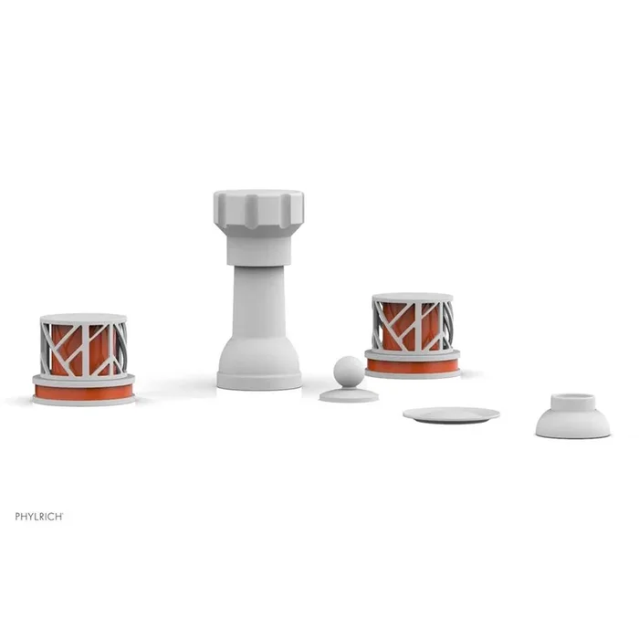 Phylrich Satin White Jolie Four Hole Bidet Set With Spout, Round Cutaway Handles, And Orange Accents