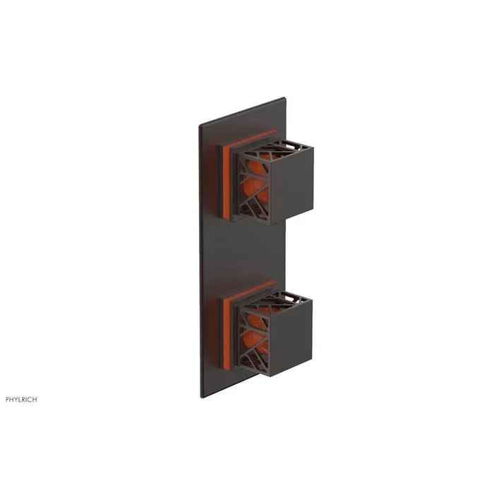 Phylrich Weathered Copper Jolie Rectangular Thermostatic Trim With Diverter Or Volume Control, Square Cutaway Handles, And Orange Accents
