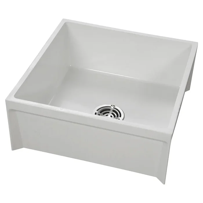 Pinnacle MSB-2424-100 Molded Stone Mop Service Basin Square With Stainless Steel Drain White 24 x 24 x 10