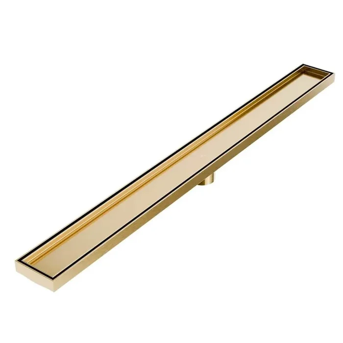 QM Drain Delmar Series. 32” Standard length Plain Edge linear drain. Mist (Tile-in) Line. Gold