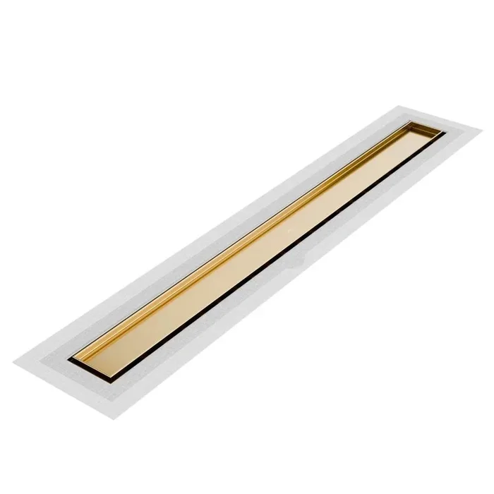 QM Drain Delmar Series. 48” Standard length Flange Edge linear drain. Mist (Tile-in) Line. Gold