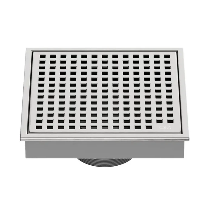 QM Drain Lagos Series. Mira Line. 5 3/4” Square Drain. Satin fin.