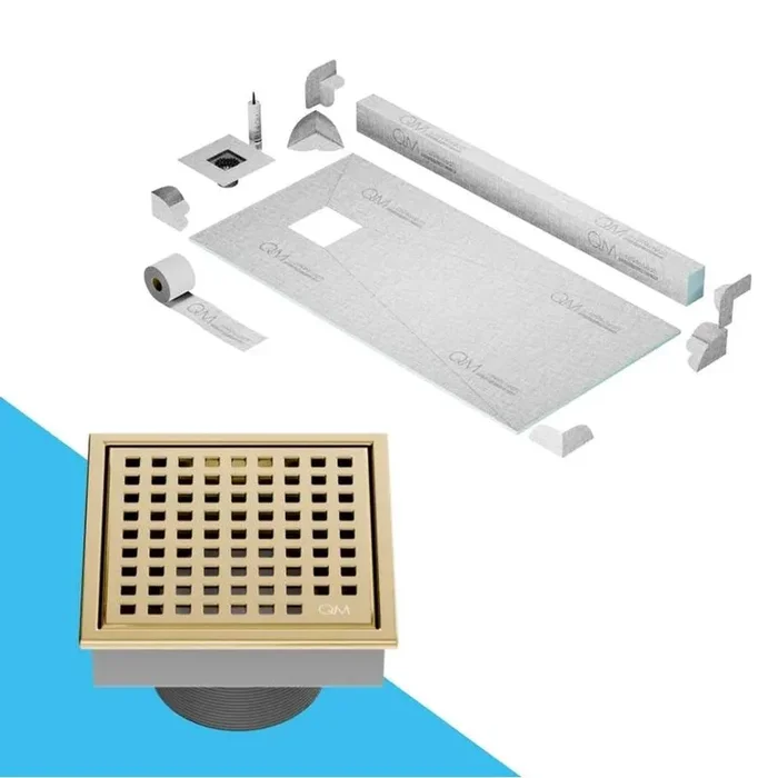 QM Drain Off-Center Shower Pan Kit 32” x 63” with 4” Mira Square Drain in Gold