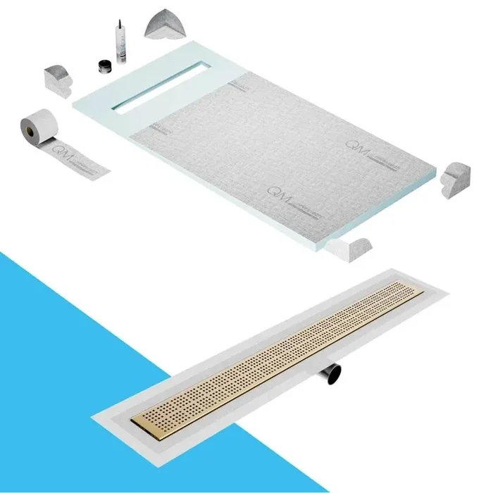QM Drain Shower Pan Curbless Kit 32” with a 24” Kai Linear Drain Flange Edge Side Outlet in Gold