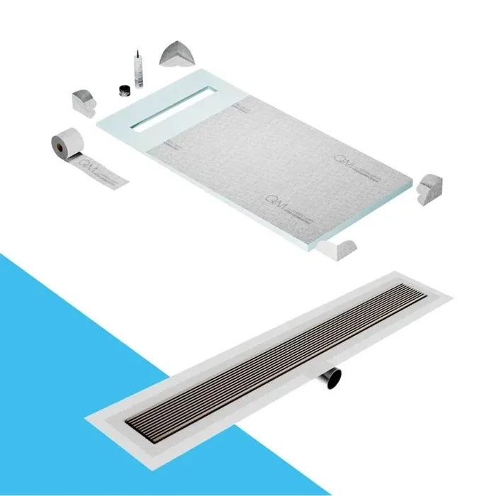 QM Drain Shower Pan Curbless Kit 32” with a 24” Wedgewire Linear Drain Flange Edge Side Outlet in Gold