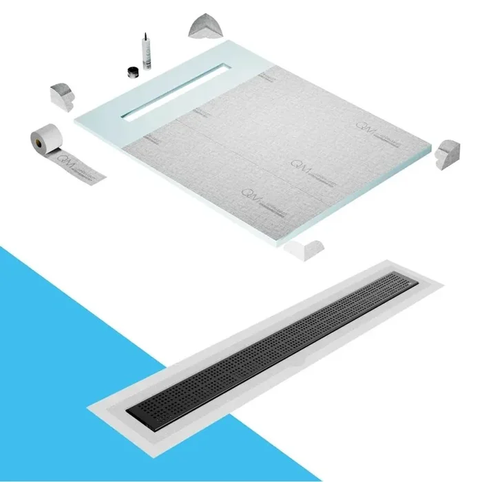 QM Drain Shower Pan Curbless Kit 40” with a 32” Kai Linear Drain Flange Edge in Black