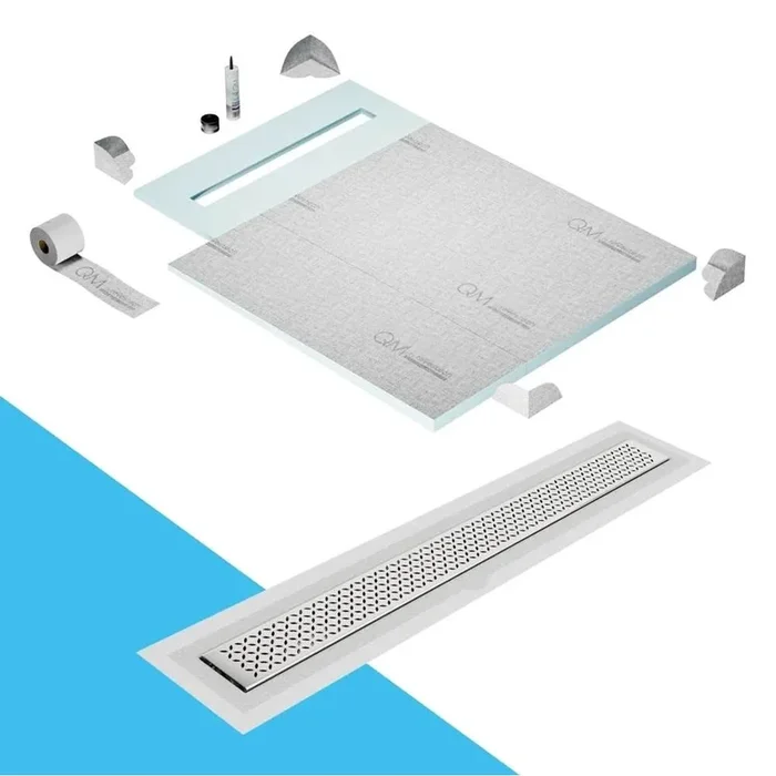 QM Drain Shower Pan Curbless Kit 40” with a 32” Lotus Linear Drain Flange Edge in Satin