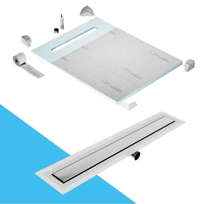 QM Drain Shower Pan Curbless Kit 48” with a 36” Mist (Tile-in) Linear Drain Flange Edge Side Outlet Frameless