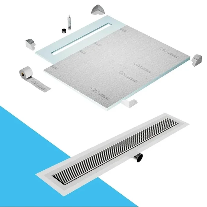 QM Drain Shower Pan Curbless Kit 56” with a 48” Wedgewire Linear Drain Flange Edge Side Outlet in Satin