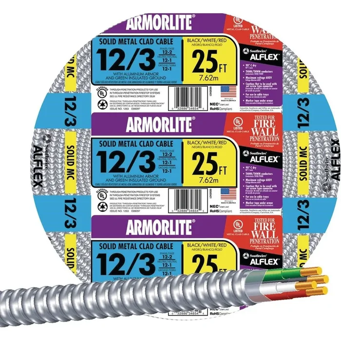 Southwire 68583421 25 Ft. 12/3 MC Armored Cable Electrical Wire